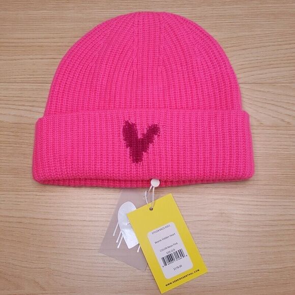 KERRI ROSENTHAL Hat Womens Neon Pink Beanie Hidden Heart 100% Cashmere $178 main image 7